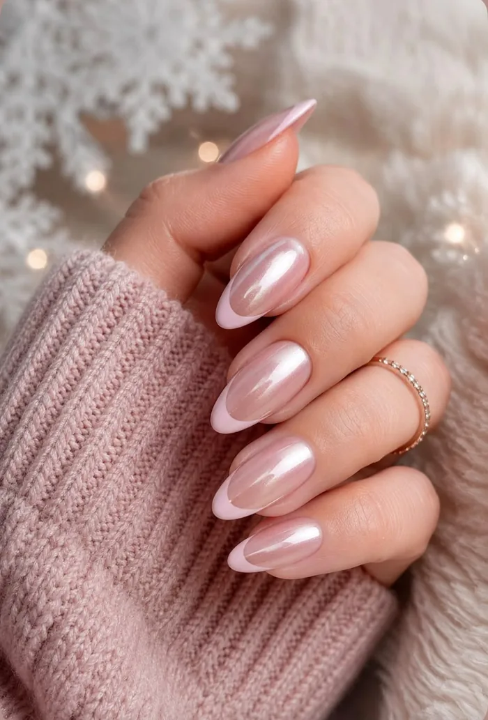 Unhas com acabamento perolado em tom rosa claro